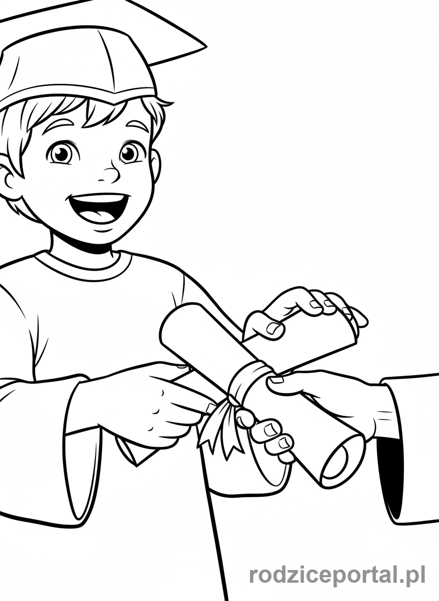 Kolorowanka Cele - Młoda osoba odbierająca dyplom, uśmiechnięta, zbliżenie na akt i ręce.