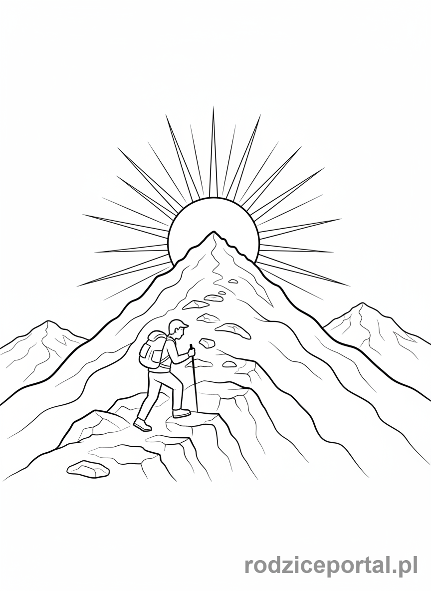 Kolorowanka Cele - Osoba wspinająca się po górze, słońce w tle, widok z dystansu, akcja.