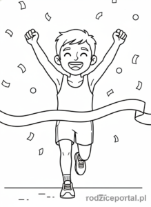 Kolorowanka Cele - Sportowiec przekraczający linię mety z podniesionymi rękami, zbliżenie na twarz i emocje.