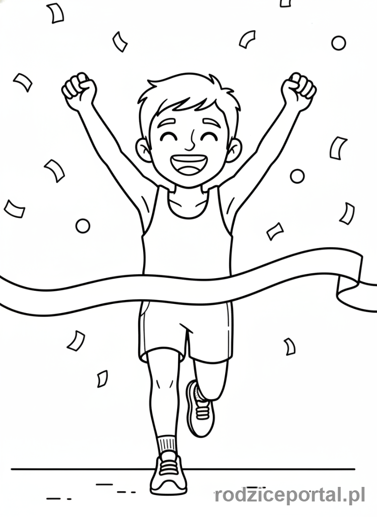Kolorowanka Cele - Sportowiec przekraczający linię mety z podniesionymi rękami, zbliżenie na twarz i emocje.