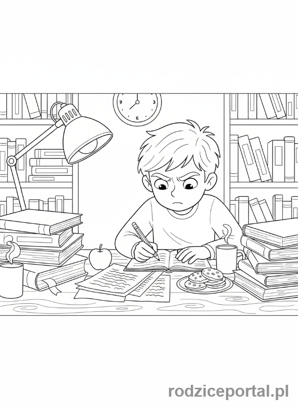 Kolorowanka Cele - Student uczący się przy biurku późno w nocy, stos książek, zbliżenie na twarz i lampkę.