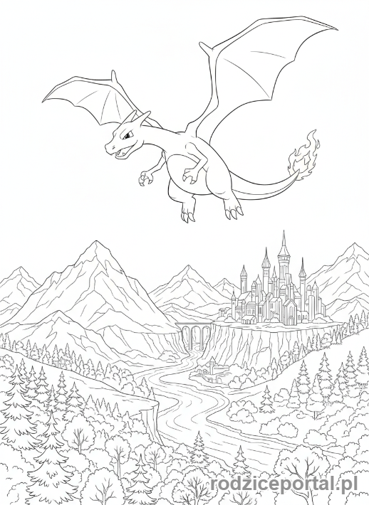 Kolorowanka Charizard - Charizard nad miastem