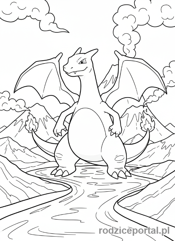 Kolorowanka Charizard - Charizard przy wulkanie