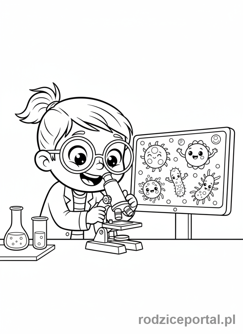 Kolorowanka Chemia Dla Dzieci - Dziecko z mikroskopem