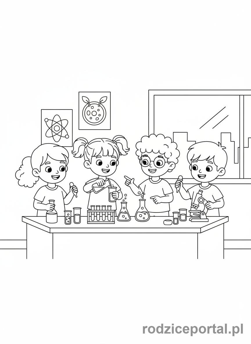 Kolorowanka Chemia Dla Dzieci - Grupa młodych chemików