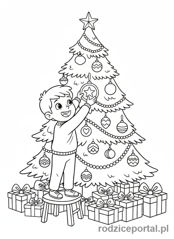 Kolorowanka Choinka - Dziecko ubiera choinke