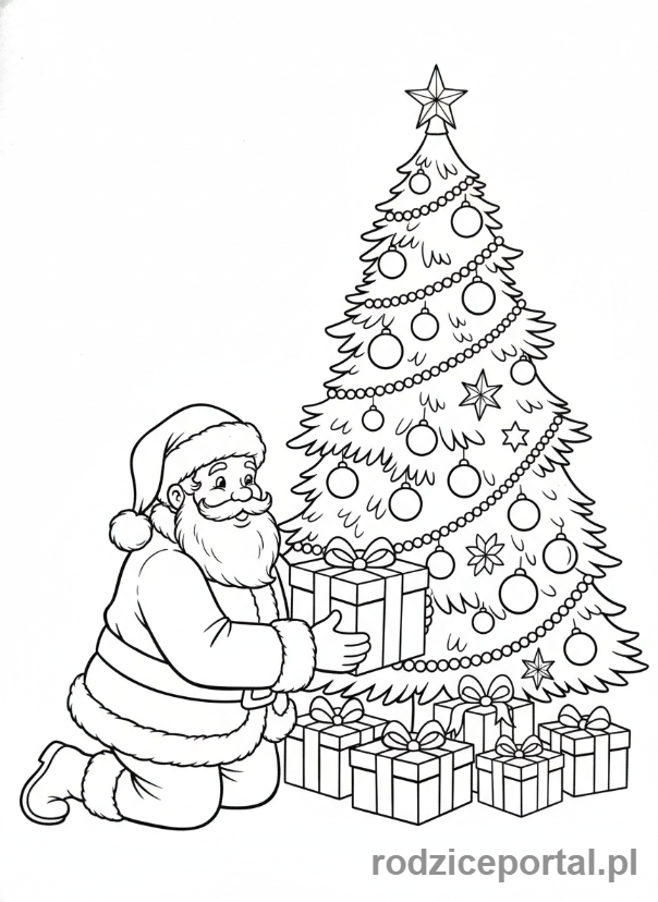 Kolorowanka Choinka - Mikolaj przy choince