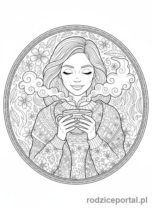 Kolorowanka Chwila Spokoju - Kobieta pije herbatę.