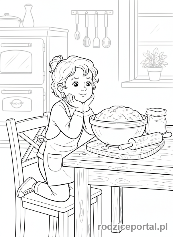 Kolorowanka Cierpliwość - Dziecko czeka na wyrośnięcie ciasta