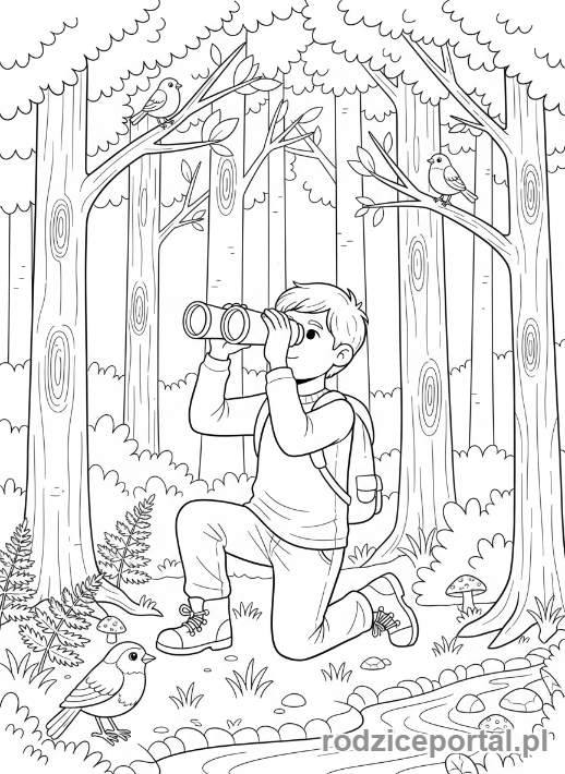 Kolorowanka Cierpliwość - Dziecko obserwuje ptaki