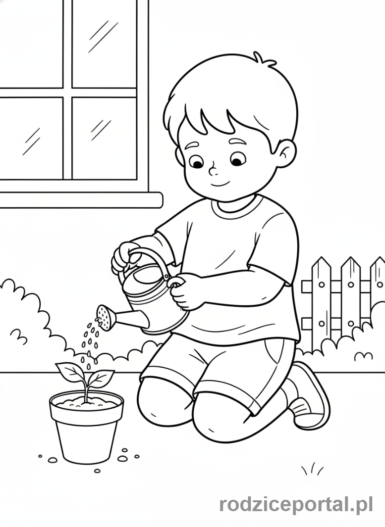 Kolorowanka Cierpliwość - Dziecko podlewa roślinkę