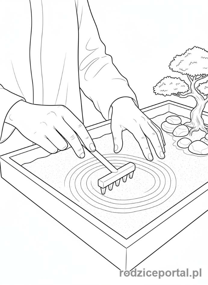 Kolorowanka Cisza I Koncentracja - Grabienie ogrodu zen