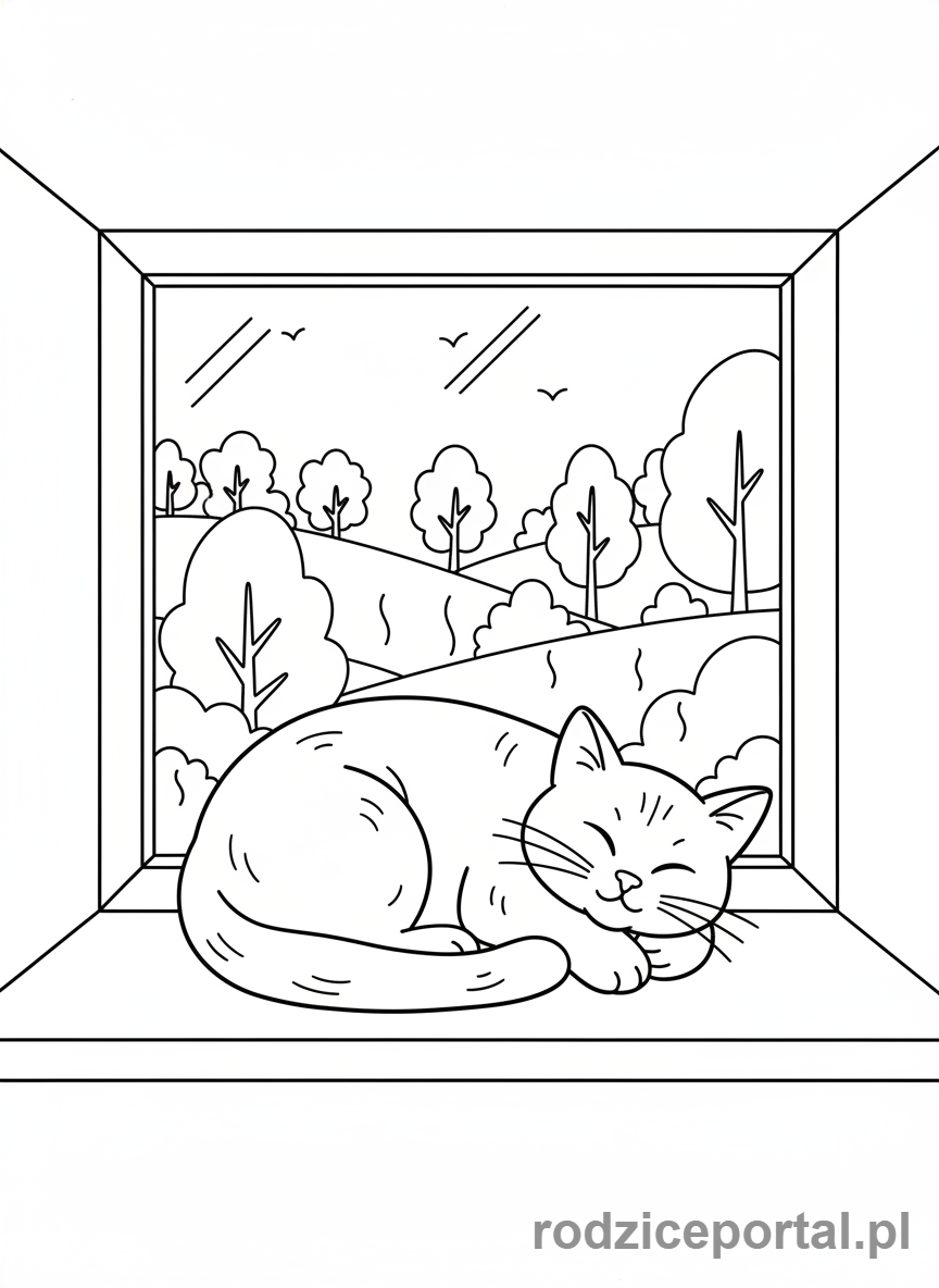 Kolorowanka Cisza I Spokój - Kot śpiący na parapecie.