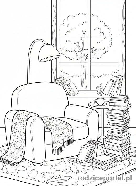 Kolorowanka Cisza I Spokój - Przytulny kącik do czytania.