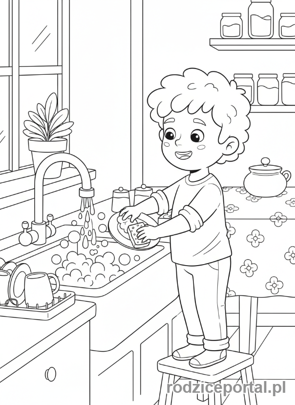 Kolorowanka Codzienne Czynności - Dziecko pomaga myć naczynia