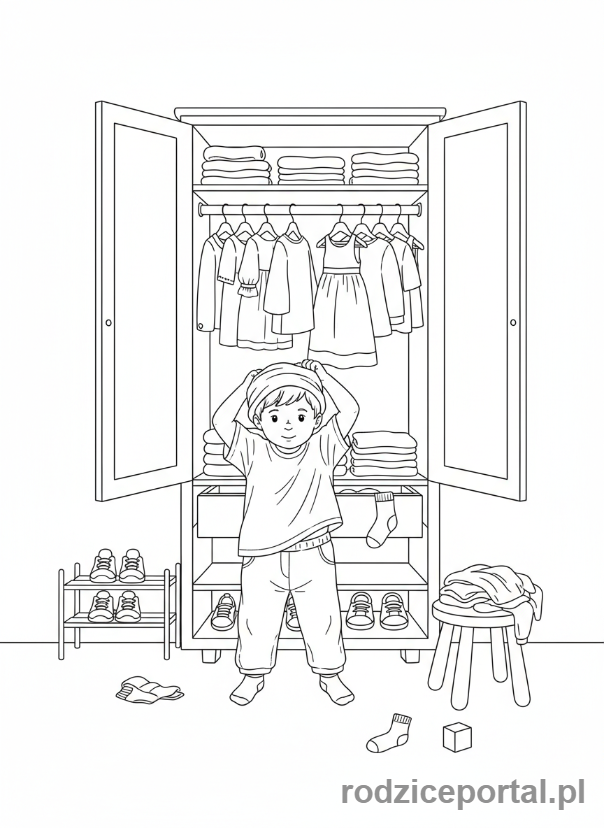 Kolorowanka Codzienne Czynności - Dziecko ubiera się