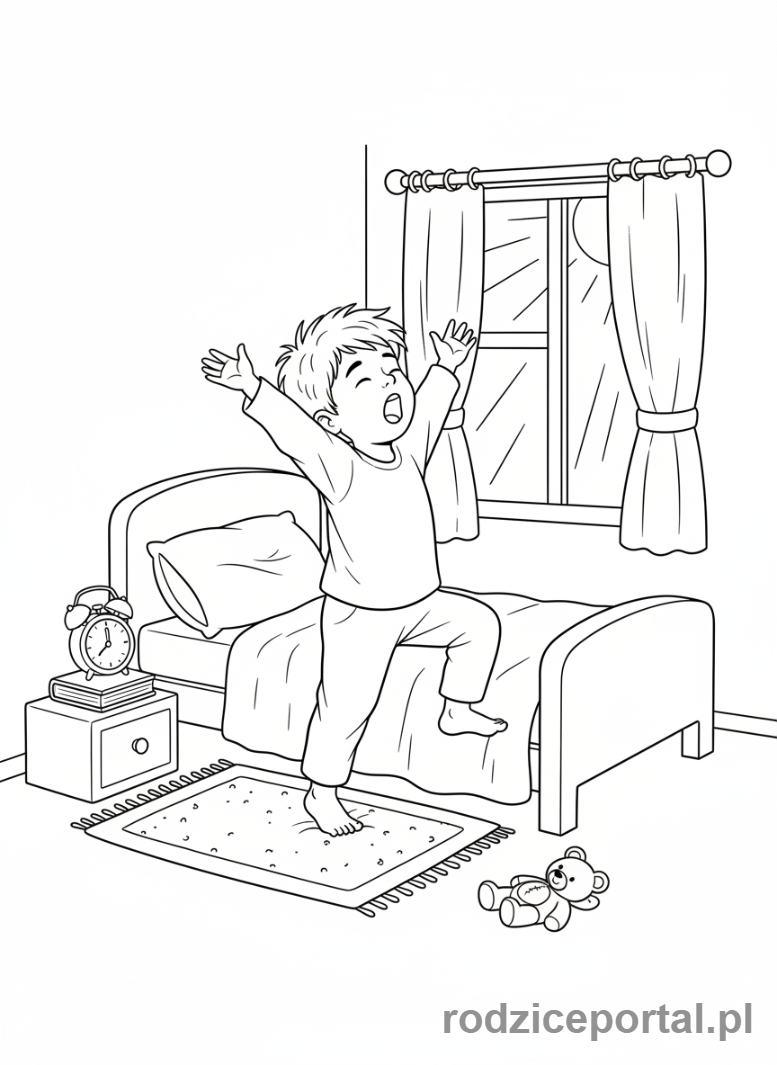 Kolorowanka Codzienne Czynności - Dziecko wstaje z łóżka