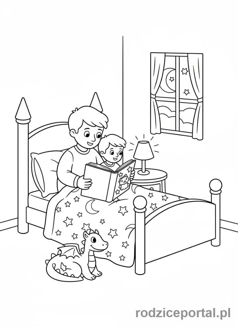 Kolorowanka Codzienne Czynności - Rodzic czyta bajkę na dobranoc