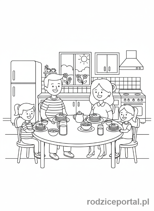Kolorowanka Codzienne Czynności - Rodzina je śniadanie