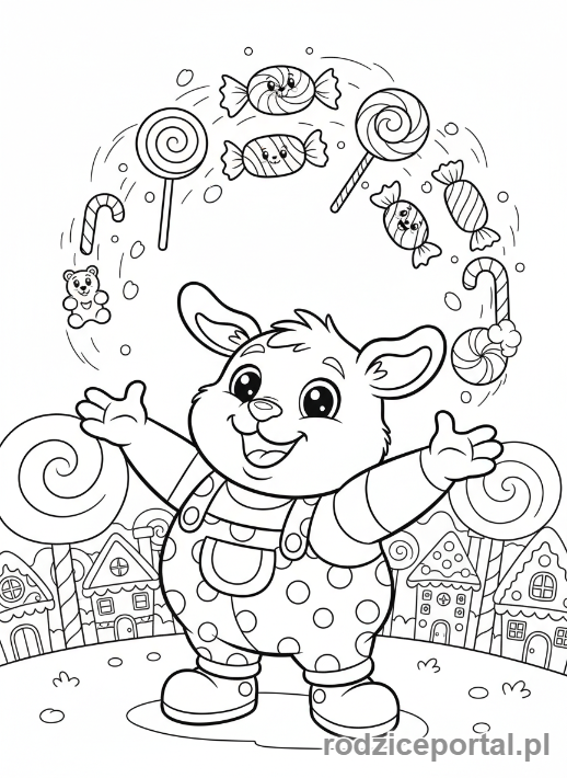 Kolorowanka Cukierki - Postac-zongluje-cukierkami