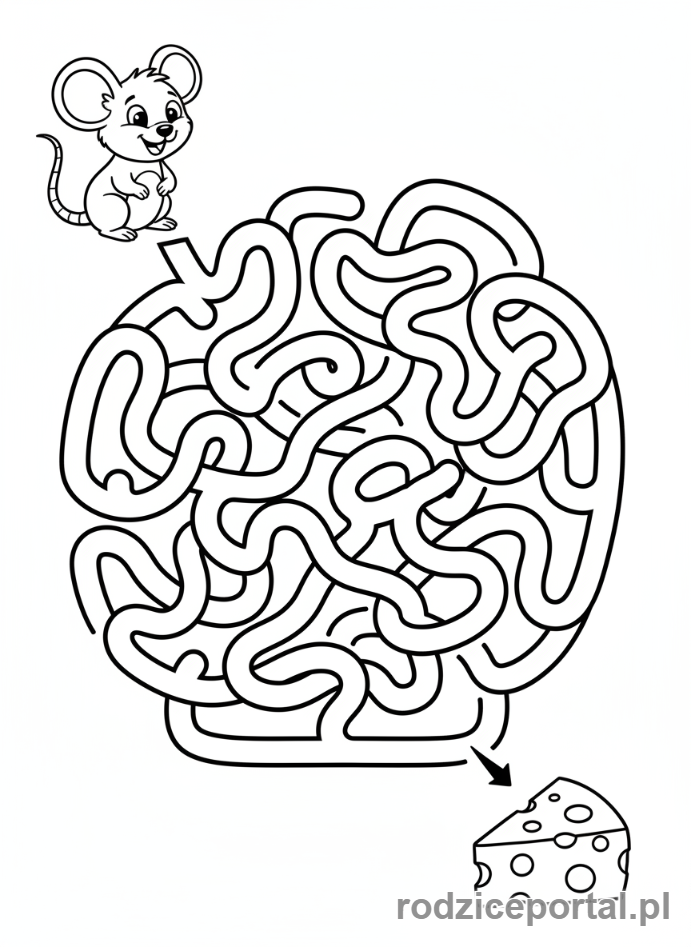 Kolorowanka Ćwiczenia Grafomotoryczne - Labirynt myszki do sera