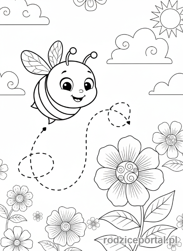 Kolorowanka Ćwiczenia Grafomotoryczne - Pszczoła leci do kwiatka