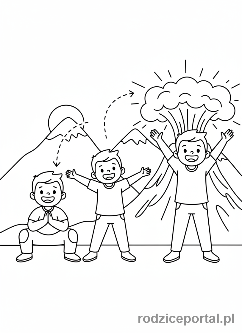 Kolorowanka Ćwiczenia Oddech - Dziecko ćwiczące oddech wulkanu, dynamicznie