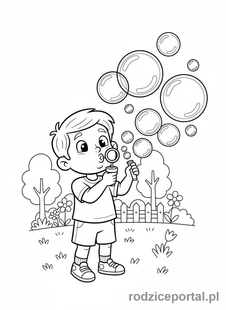 Kolorowanka Ćwiczenia Oddech - Dziecko dmuchające bańki mydlane, uważny oddech