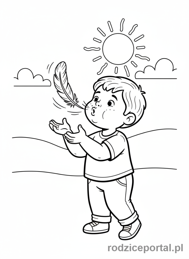 Kolorowanka Ćwiczenia Oddech - Dziecko dmuchające piórko, spokojny oddech