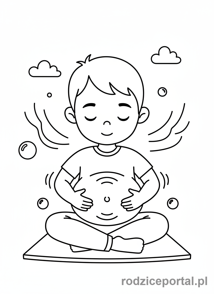 Kolorowanka Ćwiczenia Oddech - Dziecko oddychające jak balon, brzuch rośnie