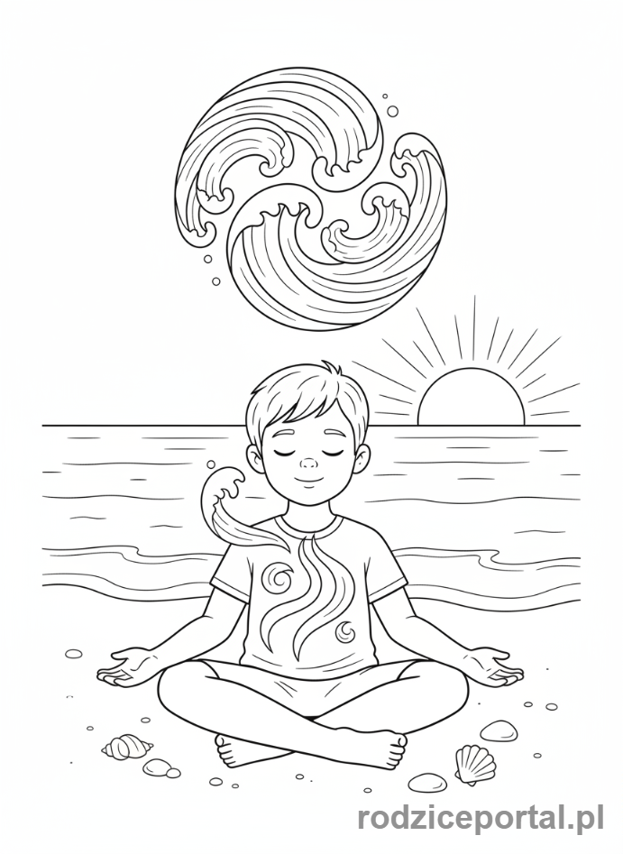 Kolorowanka Ćwiczenia Oddech - Dziecko oddychające jak fale oceanu