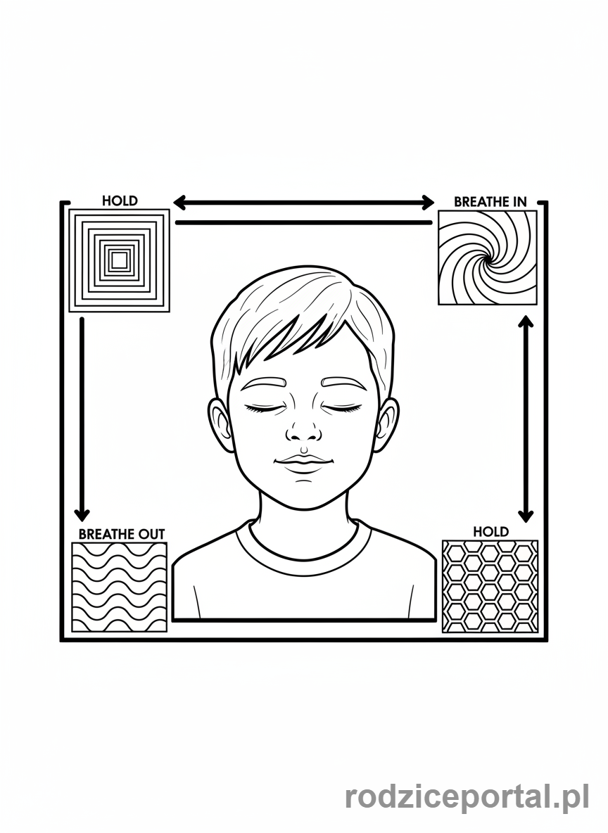 Kolorowanka Ćwiczenia Oddech - Dziecko oddychające kwadratem, liczenie