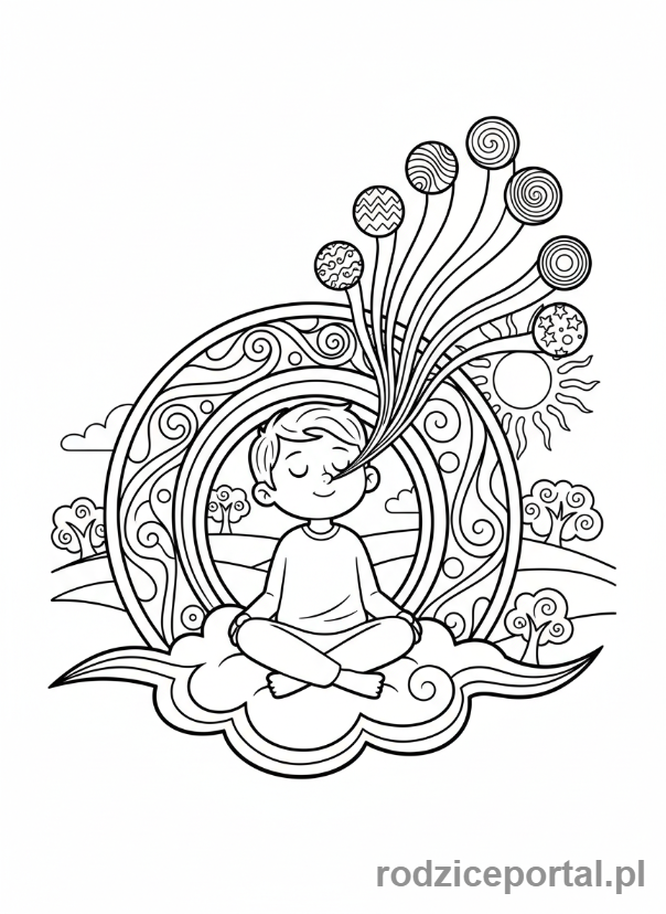 Kolorowanka Ćwiczenia Oddech - Dziecko oddychające tęczą, wdychanie kolorów