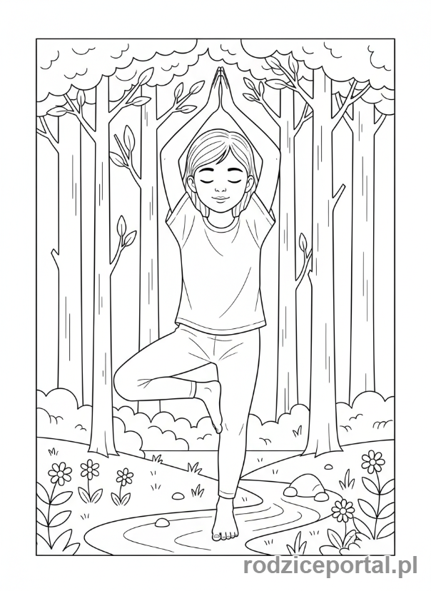 Kolorowanka Ćwiczenia Oddech - Dziecko w pozycji drzewa, głębokie oddechy