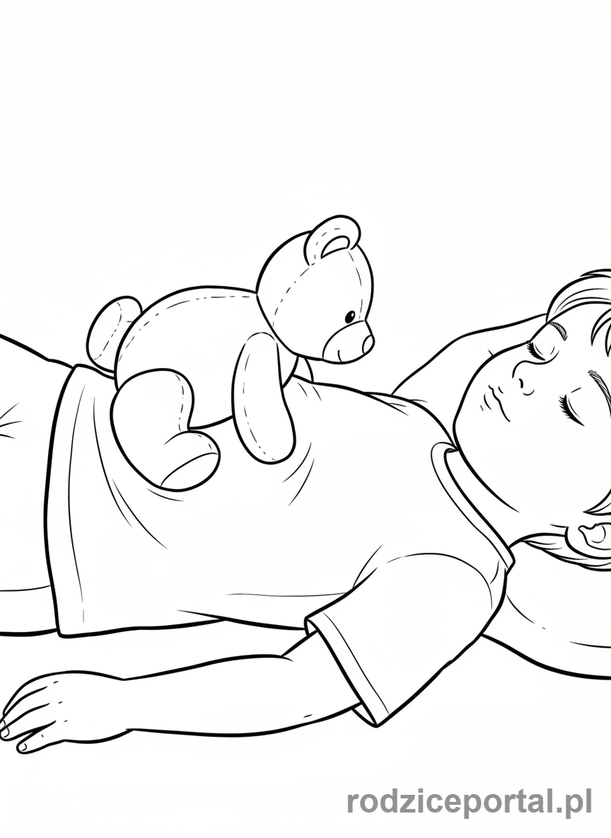 Kolorowanka Ćwiczenia Oddech - Dziecko z misiem na brzuchu, oddychające spokojnie