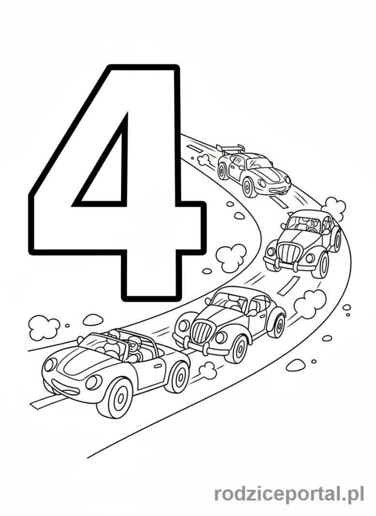 Kolorowanka Cyfry Po Angielsku - Liczba Cztery z samochodami
