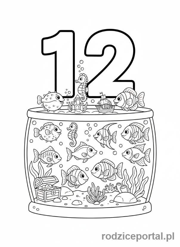 Kolorowanka Cyfry Po Angielsku - Liczba Dwanaście z rybami