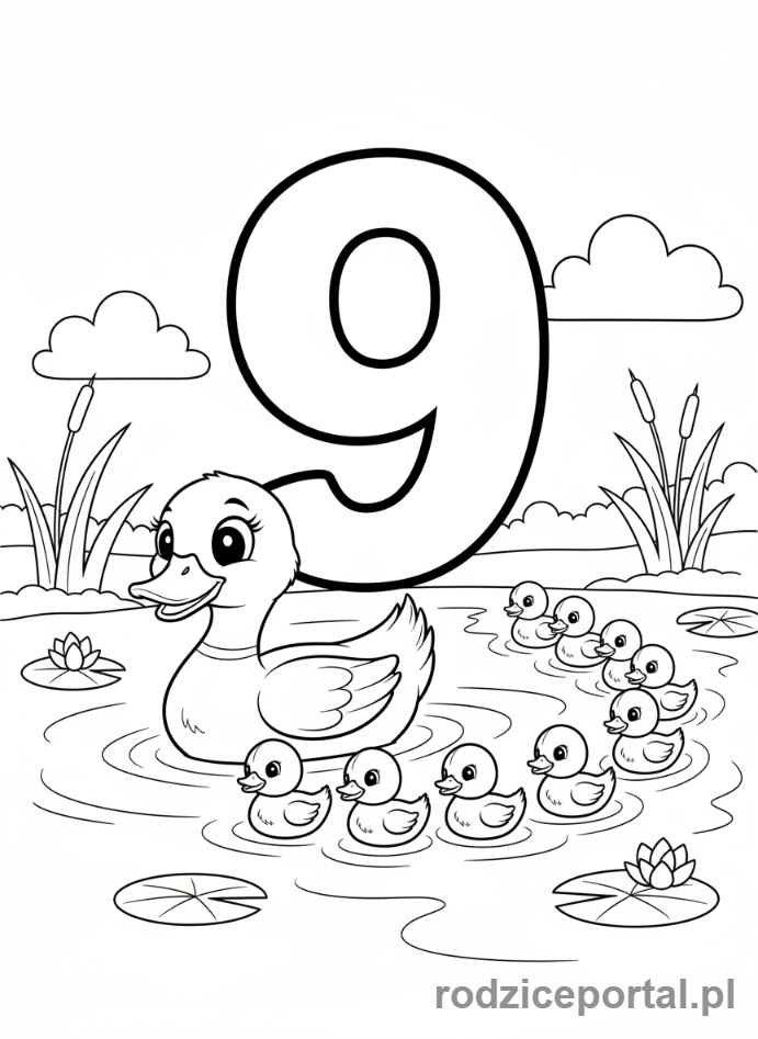 Kolorowanka Cyfry Po Angielsku - Liczba Dziewięć z kaczkami