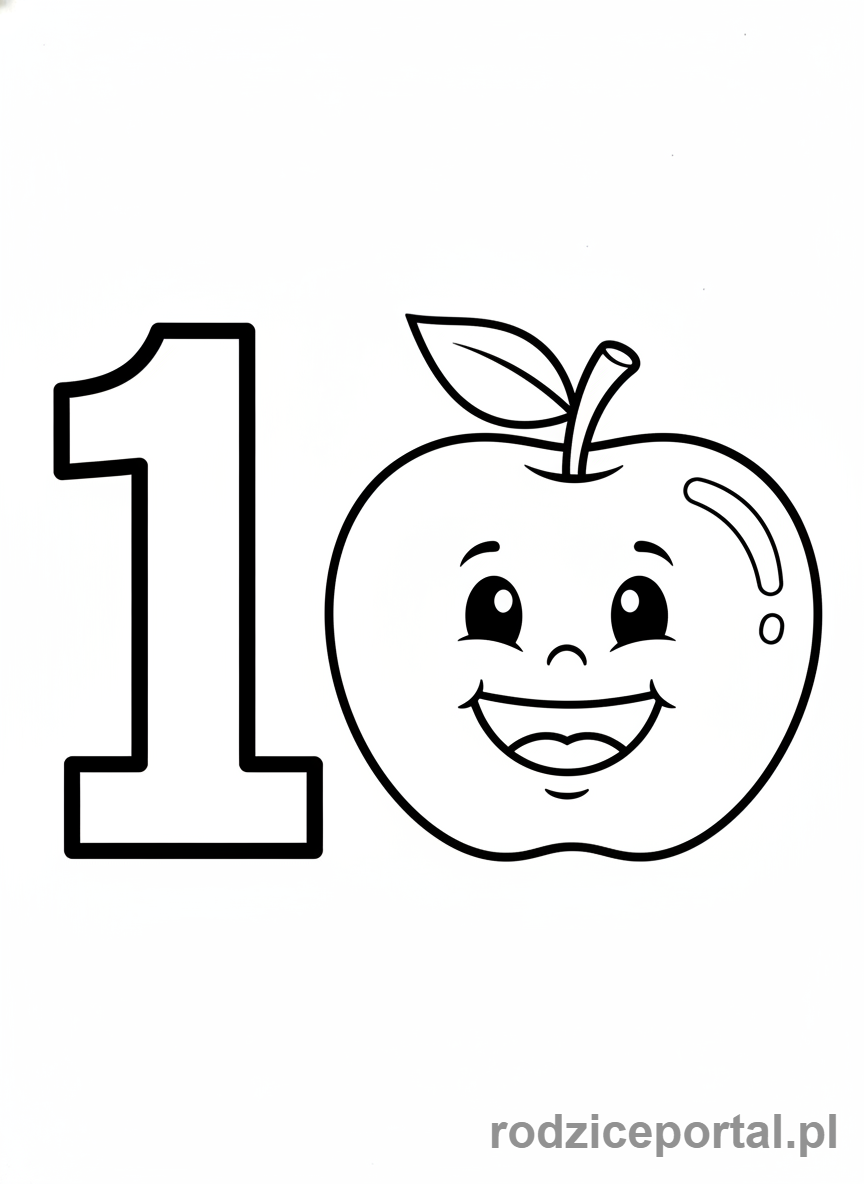 Kolorowanka Cyfry Po Angielsku - Liczba Jeden z jabłkiem