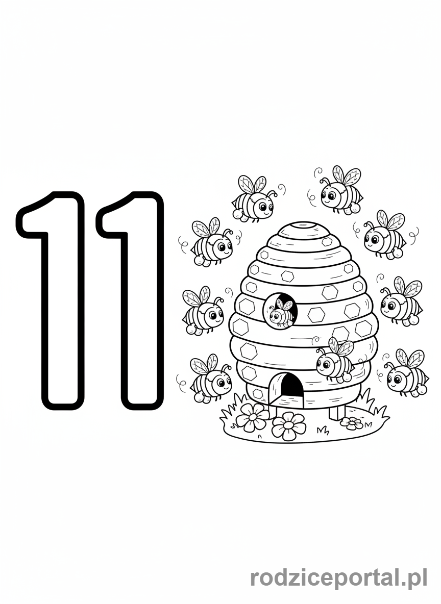 Kolorowanka Cyfry Po Angielsku - Liczba Jedenaście z pszczołami