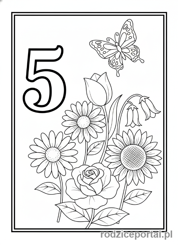 Kolorowanka Cyfry Po Angielsku - Liczba Pięć z kwiatami