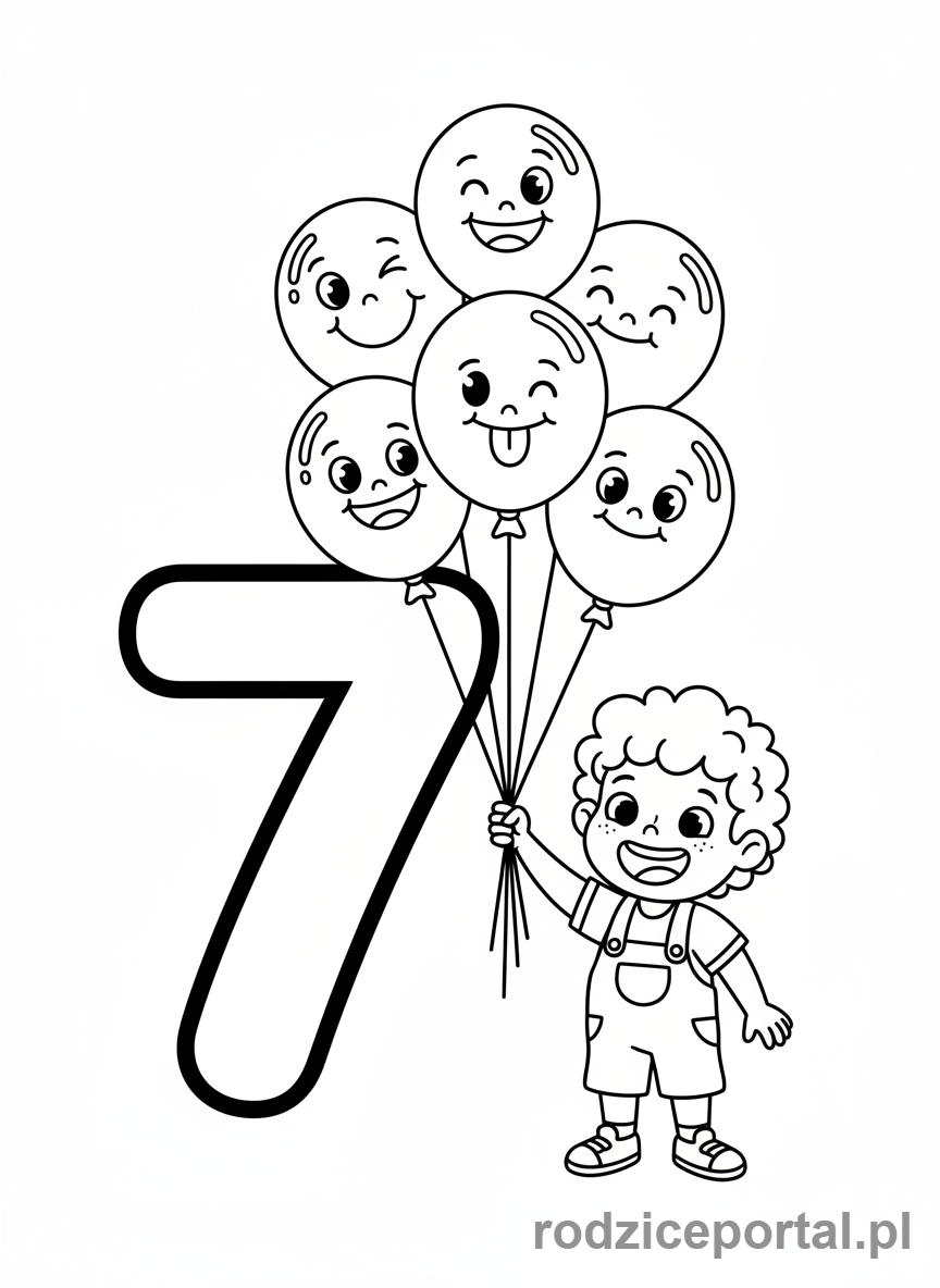 Kolorowanka Cyfry Po Angielsku - Liczba Siedem z balonami