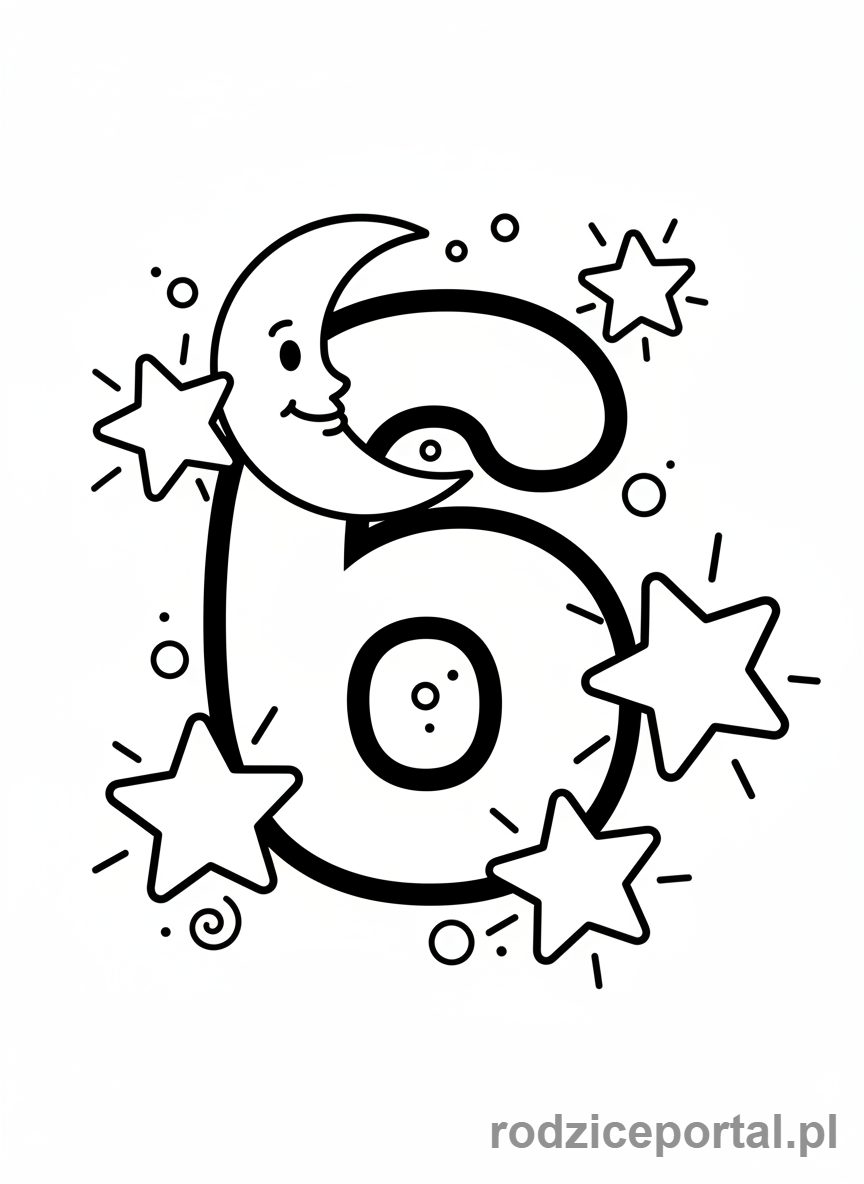 Kolorowanka Cyfry Po Angielsku - Liczba Sześć z gwiazdami