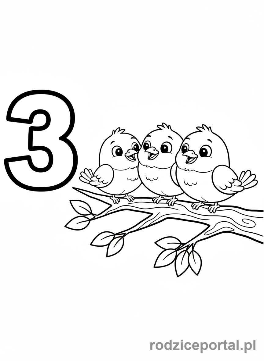 Kolorowanka Cyfry Po Angielsku - Liczba Trzy z ptakami