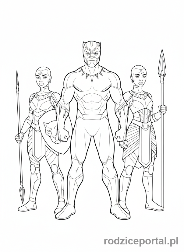 Kolorowanka Czarna Pantera - Czarna Pantera z Okoye i Dora Milaje