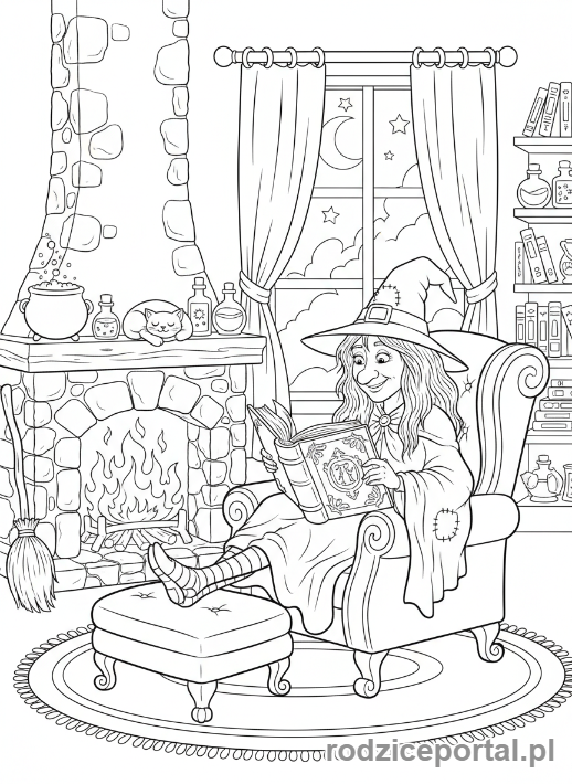 Kolorowanka Czarownica - Czarownica czyta księgę