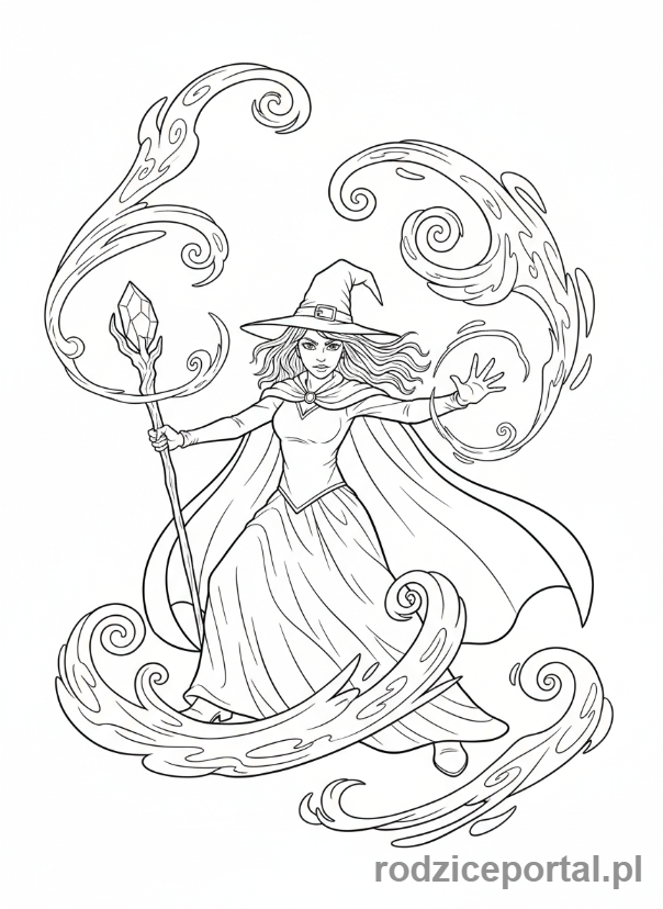 Kolorowanka Czarownica - Czarownica rzuca zaklęcie