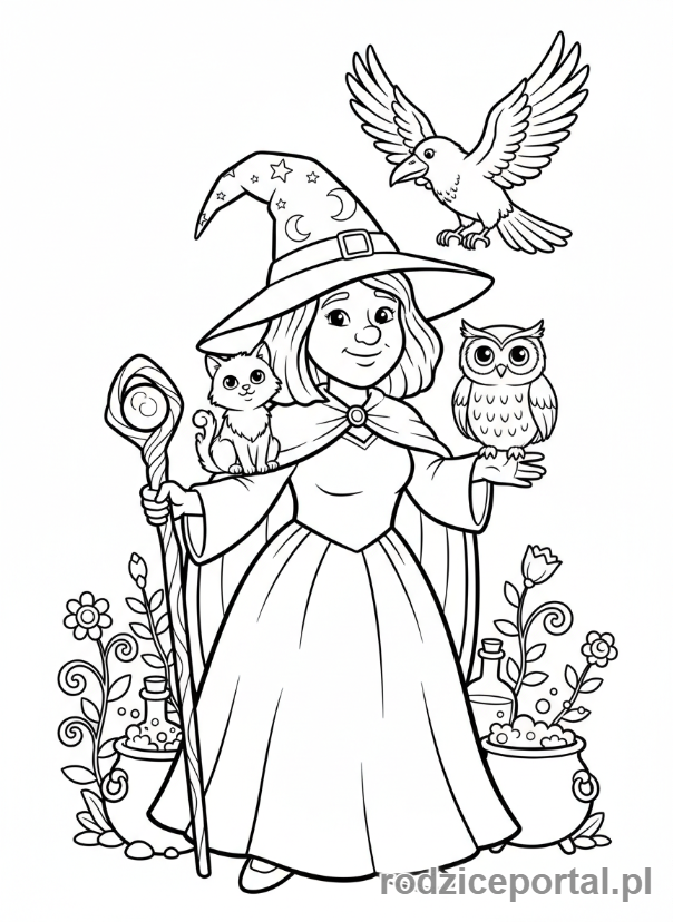 Kolorowanka Czarownica - Czarownica ze zwierzętami