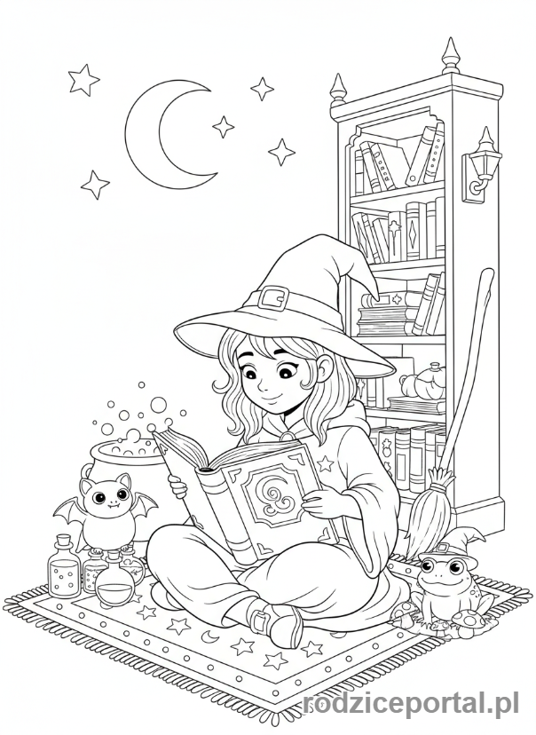 Kolorowanka Czarownica - Młoda czarownica uczy się