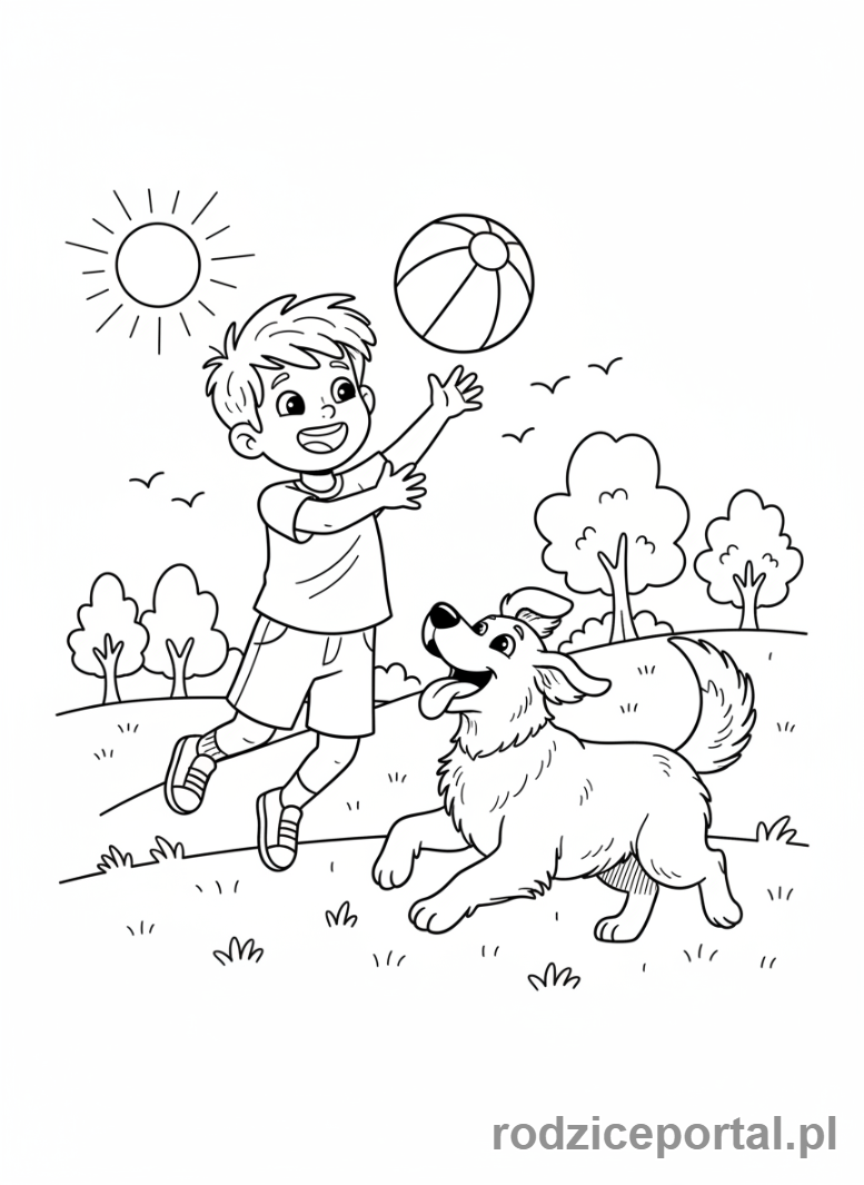 Kolorowanka Czas Wolny - Chłopiec bawi się z psem w parku